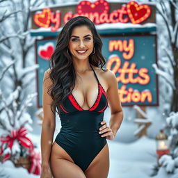 A 40-year-old American woman with long wavy dark hair and captivating green eyes, portrayed in a full-body view, confidently standing in a stylish swimsuit amidst a whimsical winter setting
