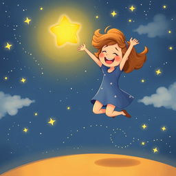 A delightful illustration of Sara joyfully jumping up, her curly hair bouncing energetically as she reaches out towards Twinkle, the small glowing star