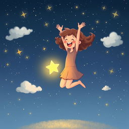 A delightful illustration of Sara joyfully jumping up, her curly hair bouncing energetically as she reaches out towards Twinkle, the small glowing star