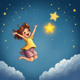 A delightful illustration of Sara joyfully jumping up, her curly hair bouncing energetically as she reaches out towards Twinkle, the small glowing star