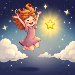 A delightful illustration of Sara joyfully jumping up, her curly hair bouncing energetically as she reaches out towards Twinkle, the small glowing star