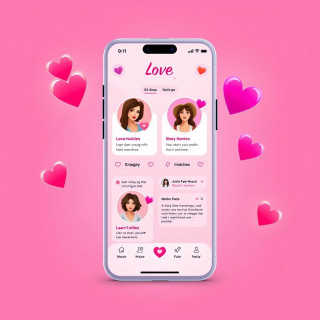 A modern dating app interface design featuring vibrant heart icons to symbolize likes and matches