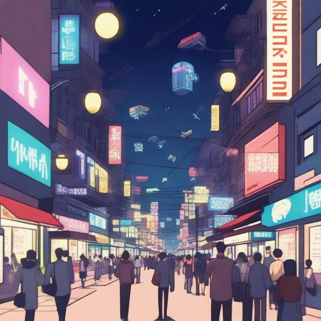 A bustling scene in Oxagon city with people walking on the streets and cars flying above, all lit up against the night sky.