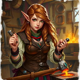 A female half-elf bard immersed in her craft, wielding smith's tools