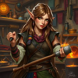 A female half-elf bard immersed in her craft, wielding smith's tools