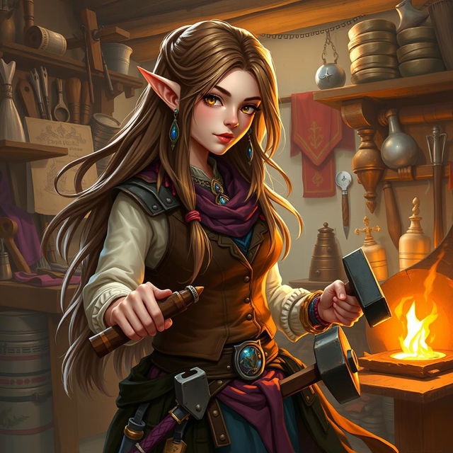 A female half-elf bard immersed in her craft, wielding smith's tools