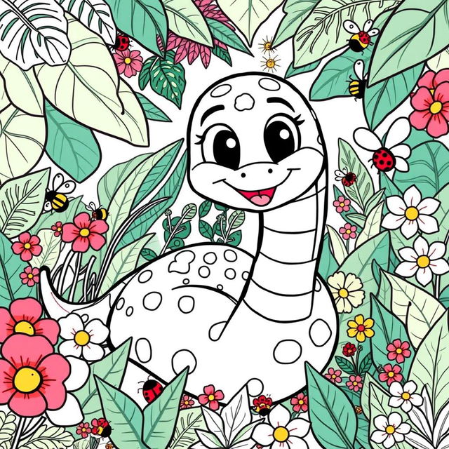 A charming coloring book page illustrating a friendly cartoon snake, with big expressive eyes and a cheerful smile