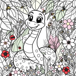 A charming coloring book page illustrating a friendly cartoon snake, with big expressive eyes and a cheerful smile