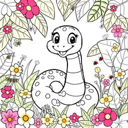 A charming coloring book page illustrating a friendly cartoon snake, with big expressive eyes and a cheerful smile