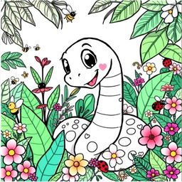 A charming coloring book page illustrating a friendly cartoon snake, with big expressive eyes and a cheerful smile