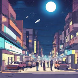 A bustling scene in Oxagon city with people walking on the streets and cars flying above, all lit up against the night sky.