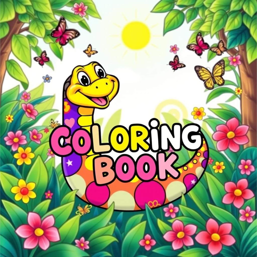 A playful coloring book cover titled 'Coloring Book', featuring a joyful cartoon snake with vibrant scales and a big smile