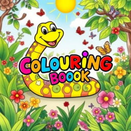 A playful coloring book cover titled 'Coloring Book', featuring a joyful cartoon snake with vibrant scales and a big smile