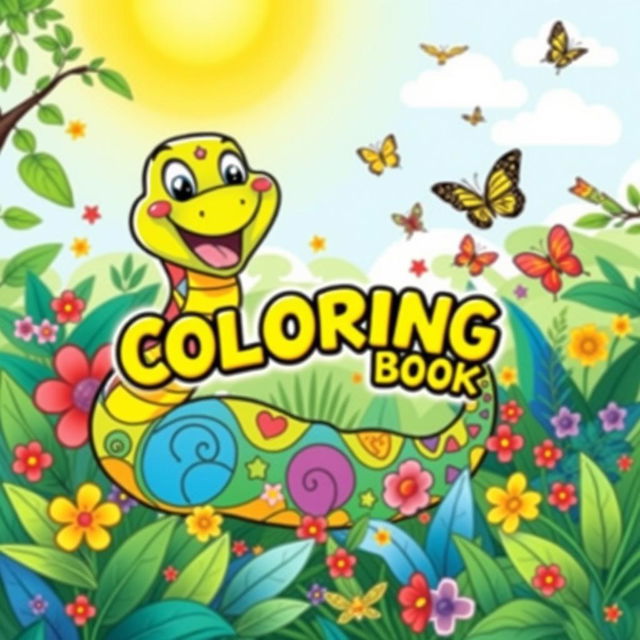 A playful coloring book cover titled 'Coloring Book', featuring a joyful cartoon snake with vibrant scales and a big smile