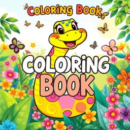 A playful coloring book cover titled 'Coloring Book', featuring a joyful cartoon snake with vibrant scales and a big smile