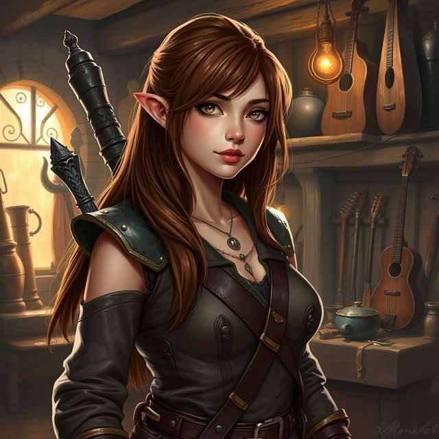 A female half-elf bard, equipped with a set of smithing tools, standing proudly in a workshop filled with various instruments and armor pieces