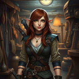 A female half-elf bard, equipped with a set of smithing tools, standing proudly in a workshop filled with various instruments and armor pieces