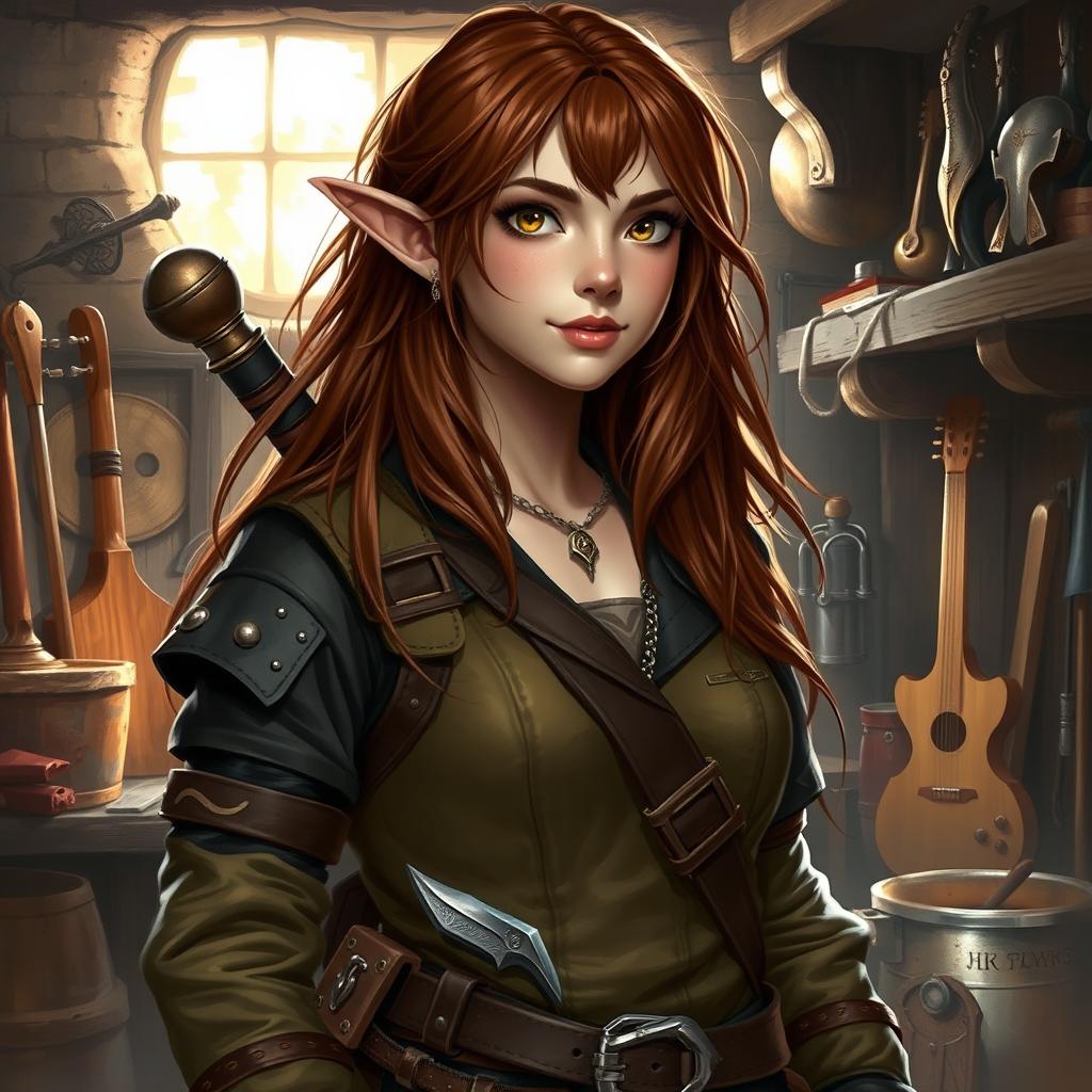 A female half-elf bard, equipped with a set of smithing tools, standing proudly in a workshop filled with various instruments and armor pieces