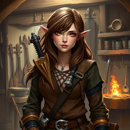 A female half-elf bard, equipped with a set of smithing tools, standing proudly in a workshop filled with various instruments and armor pieces