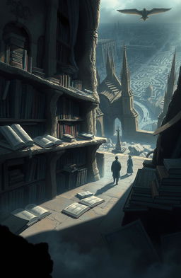 A captivating illustration of the 'Cemetery of Forgotten Books', where countless books rest upon ancient, crumbling stone shelves, surrounded by an air of mystery