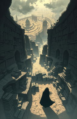 A captivating illustration of the 'Cemetery of Forgotten Books', where countless books rest upon ancient, crumbling stone shelves, surrounded by an air of mystery