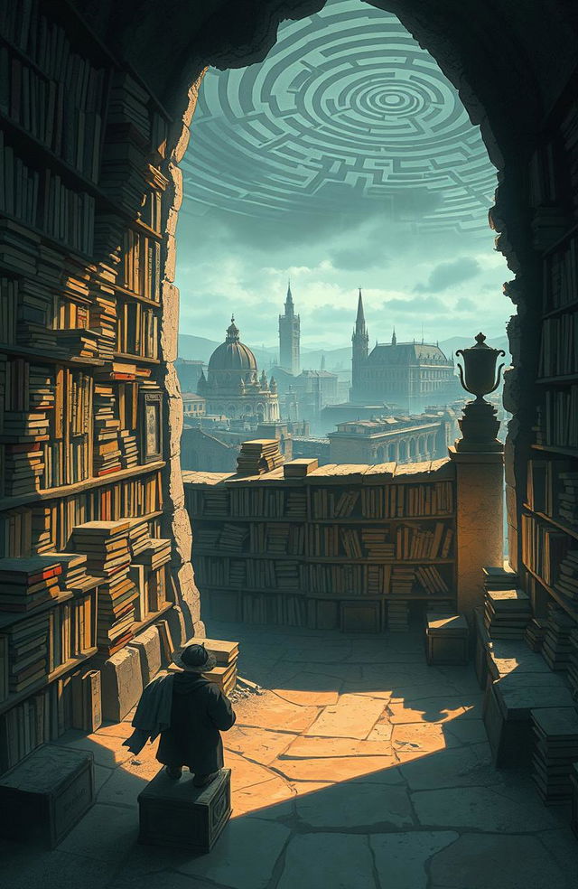 A captivating illustration of the 'Cemetery of Forgotten Books', where countless books rest upon ancient, crumbling stone shelves, surrounded by an air of mystery