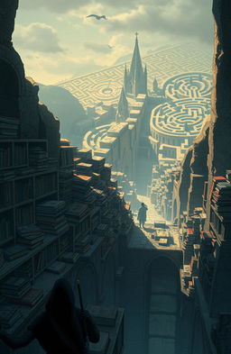 A captivating illustration of the 'Cemetery of Forgotten Books', where countless books rest upon ancient, crumbling stone shelves, surrounded by an air of mystery