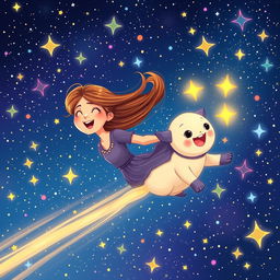 An illustration of a young woman named Sara with long, flowing hair being swept up in the excitement as she joyfully holds onto a whimsical creature named Twinkle