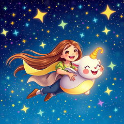 An illustration of a young woman named Sara with long, flowing hair being swept up in the excitement as she joyfully holds onto a whimsical creature named Twinkle