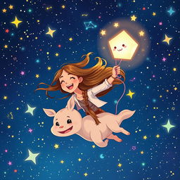 An illustration of a young woman named Sara with long, flowing hair being swept up in the excitement as she joyfully holds onto a whimsical creature named Twinkle