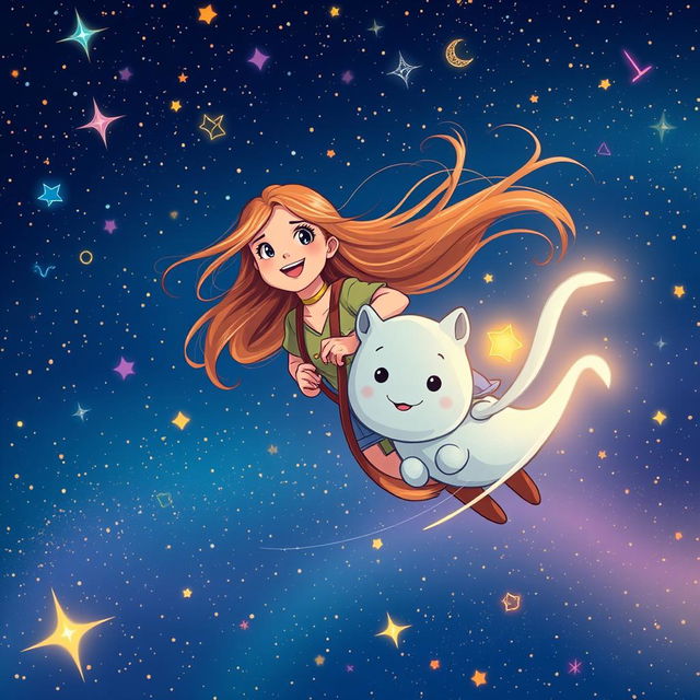 An illustration of a young woman named Sara with long, flowing hair being swept up in the excitement as she joyfully holds onto a whimsical creature named Twinkle