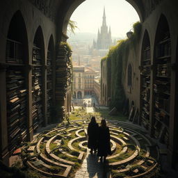 An enchanting depiction of the 'Cemetery of Forgotten Books', filled with ancient, forgotten tomes stacked on weathered, moss-covered stone shelves