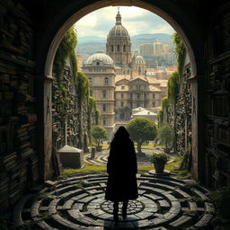 An enchanting depiction of the 'Cemetery of Forgotten Books', filled with ancient, forgotten tomes stacked on weathered, moss-covered stone shelves