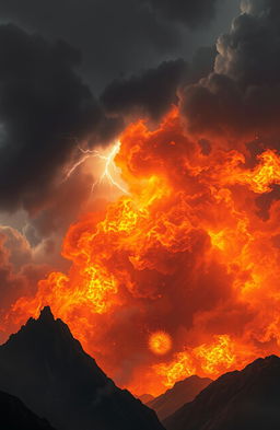 A fantastical scene depicting a fierce storm of flames swirling through a dark, turbulent sky