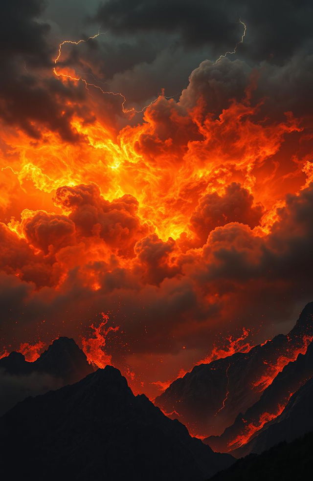 A fantastical scene depicting a fierce storm of flames swirling through a dark, turbulent sky