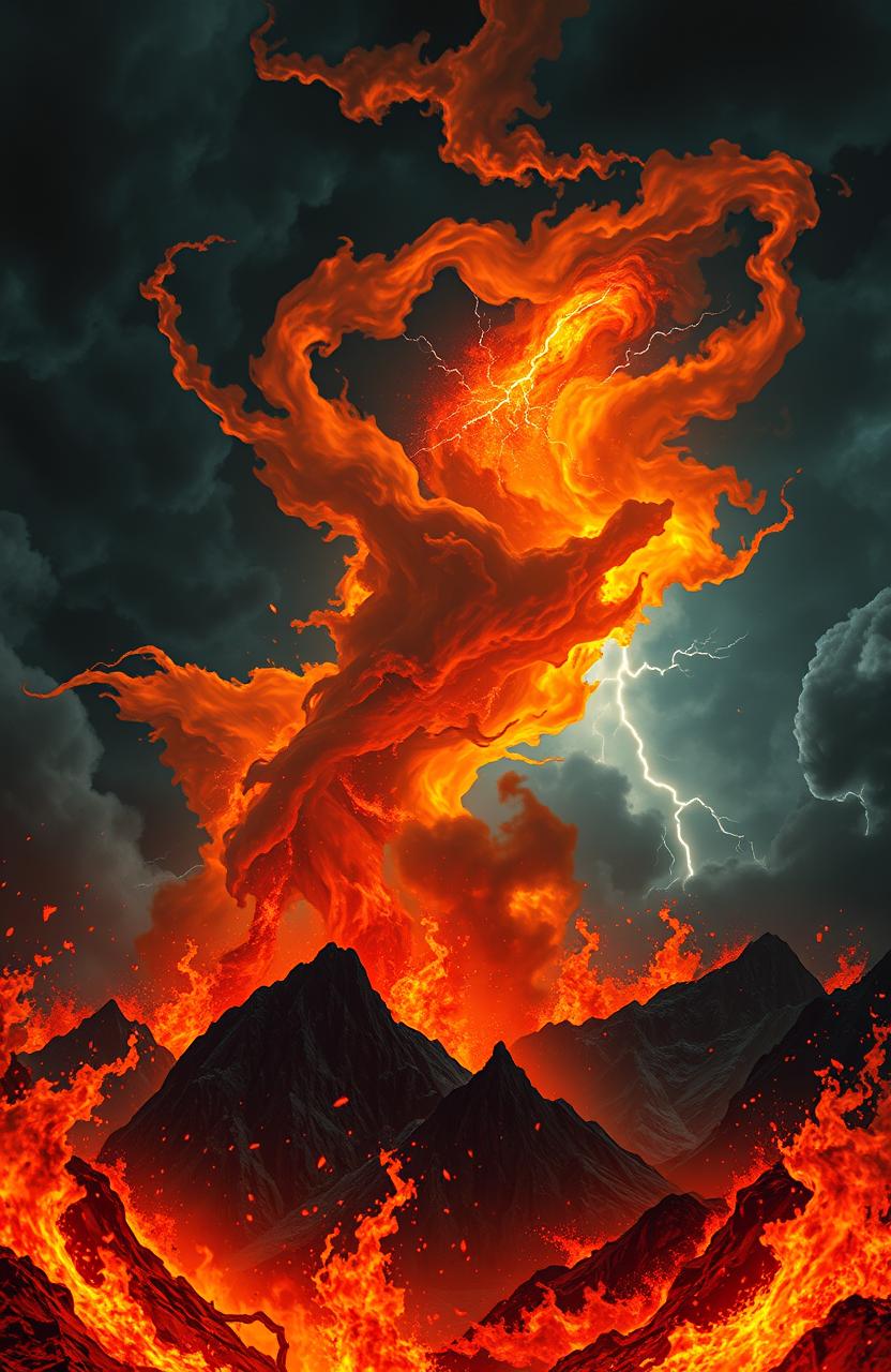 A fantastical scene depicting a fierce storm of flames swirling through a dark, turbulent sky