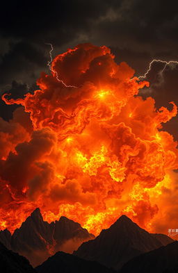 A fantastical scene depicting a fierce storm of flames swirling through a dark, turbulent sky