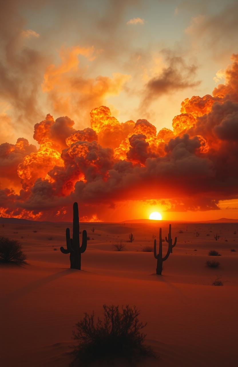 A dramatic scene depicting a powerful storm of flames sweeping across a vast desert landscape