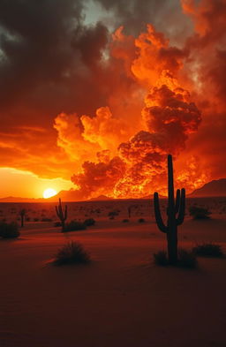 A dramatic scene depicting a powerful storm of flames sweeping across a vast desert landscape