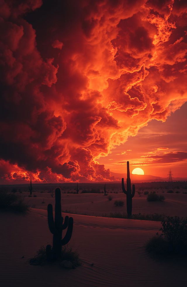 A dramatic scene depicting a powerful storm of flames sweeping across a vast desert landscape