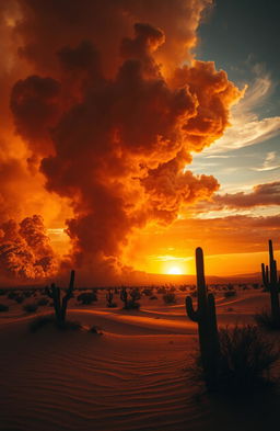 A dramatic scene depicting a powerful storm of flames sweeping across a vast desert landscape