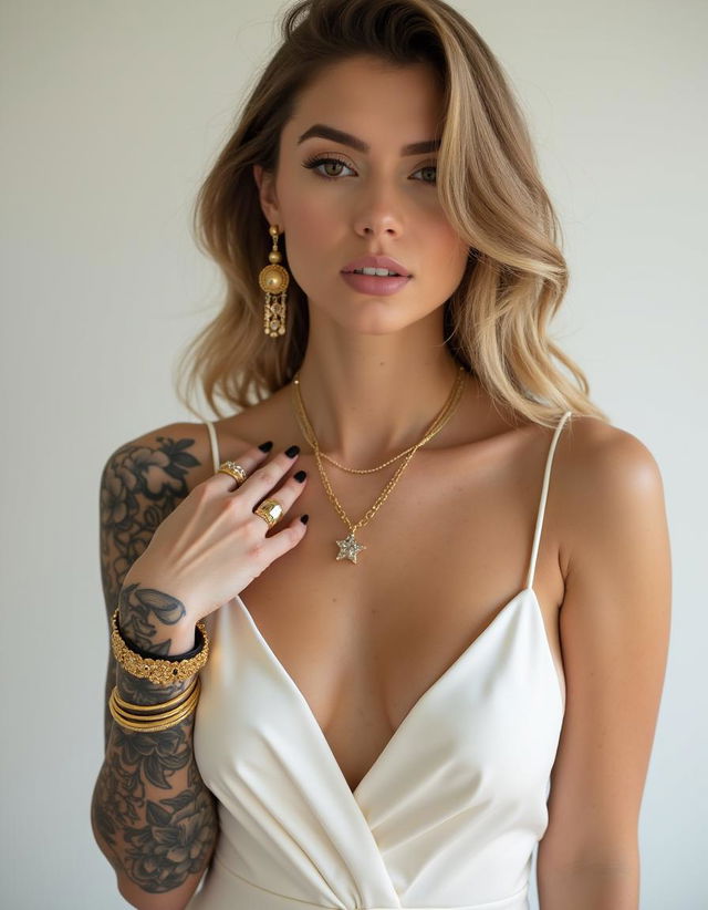 A sexy girl wearing an elegant white outfit, adorned with tattoos on her arm