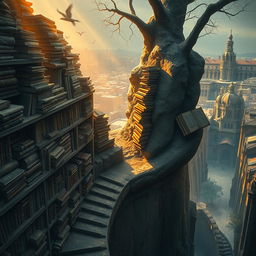 An evocative representation of the 'Cemetery of Forgotten Books', featuring an array of forgotten tomes stacked precariously on aging stone shelves, drenched in a warm, golden light that illuminates the dust motes swirling in the air