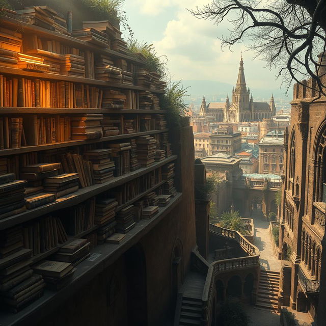 An evocative representation of the 'Cemetery of Forgotten Books', featuring an array of forgotten tomes stacked precariously on aging stone shelves, drenched in a warm, golden light that illuminates the dust motes swirling in the air