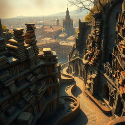 An evocative representation of the 'Cemetery of Forgotten Books', featuring an array of forgotten tomes stacked precariously on aging stone shelves, drenched in a warm, golden light that illuminates the dust motes swirling in the air