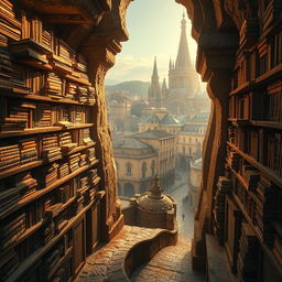 An evocative representation of the 'Cemetery of Forgotten Books', featuring an array of forgotten tomes stacked precariously on aging stone shelves, drenched in a warm, golden light that illuminates the dust motes swirling in the air