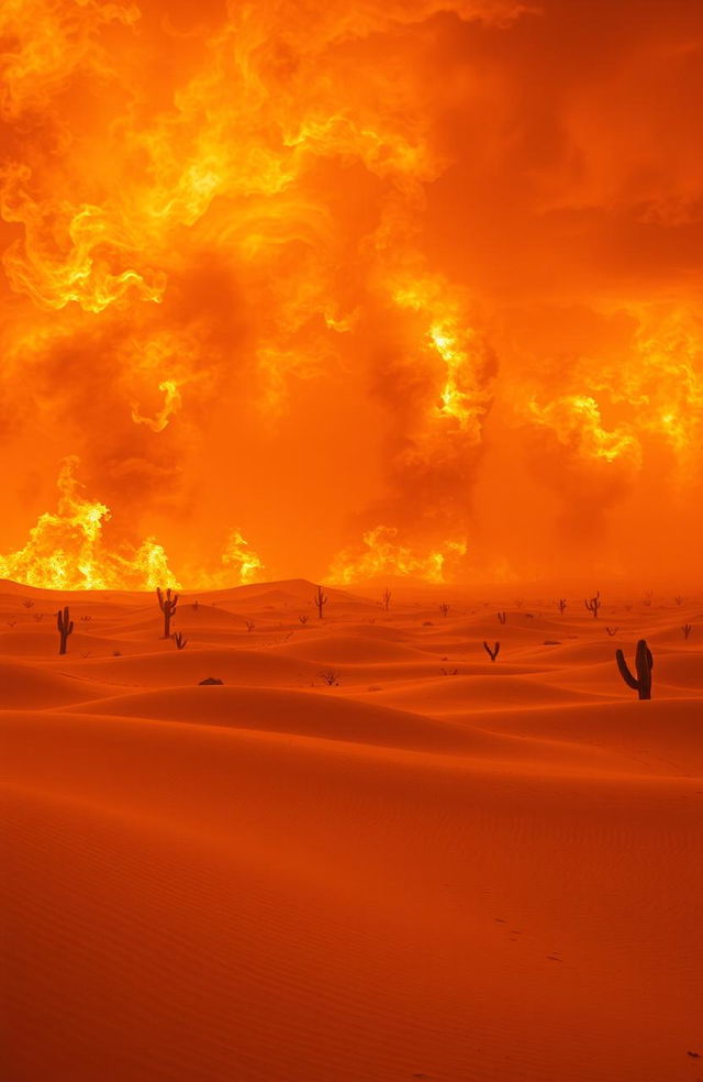 A dramatic scene of a storm of flames raging across a vast desert landscape, with rolling sand dunes and a vibrant orange and red sky filled with twisting fire and smoke