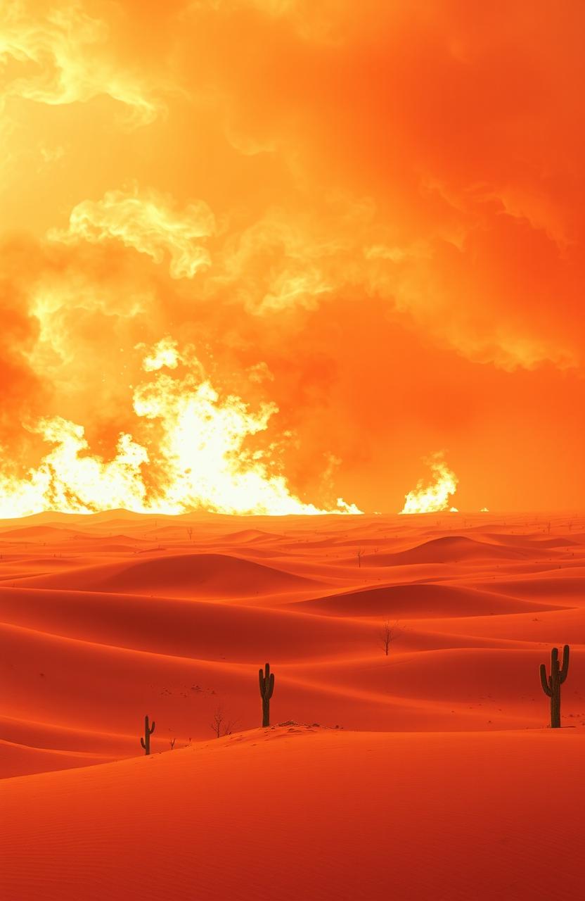 A dramatic scene of a storm of flames raging across a vast desert landscape, with rolling sand dunes and a vibrant orange and red sky filled with twisting fire and smoke