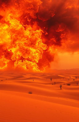 A dramatic scene of a storm of flames raging across a vast desert landscape, with rolling sand dunes and a vibrant orange and red sky filled with twisting fire and smoke