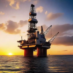 A photograph of an oil rig in the middle of the ocean, captured from a distance at sunset.